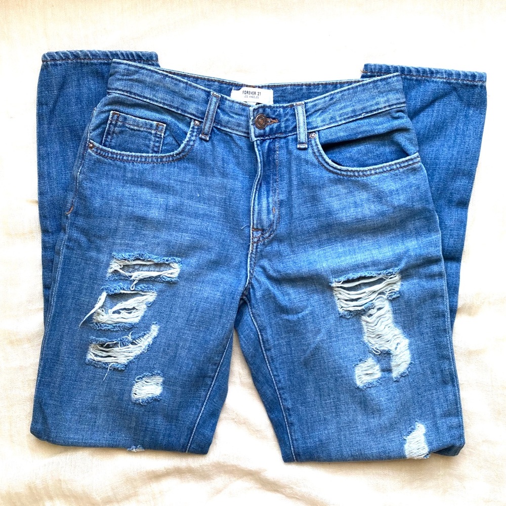 Distressed Medium Wash Denim  Boyfriend Jeans
